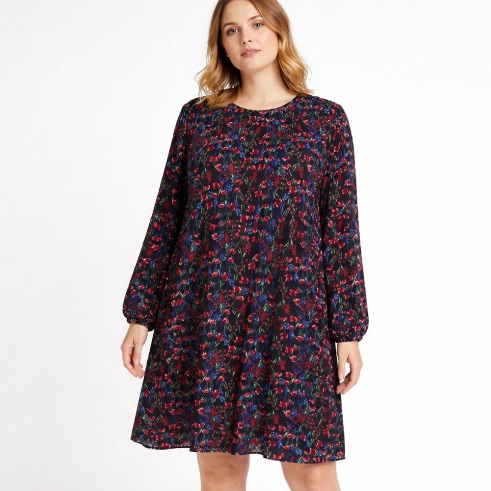 Ophelia Roe 2X Floral Dress Black Long Sleeve Soft Pleated Flowy Plus Size